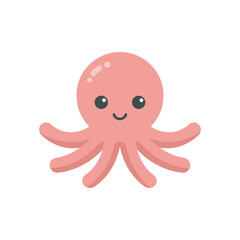 Cute flat vector illustration of an octopus, pink body with smiling face, simple minimal cartoon style, isolated