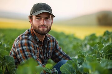 smiling young man wearing a plaid shirt and cap sitting among green leafy plants in a field during sunset