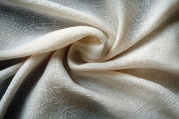 Close-up of soft beige fabric with fine crosshatch texture twisted into a swirl
