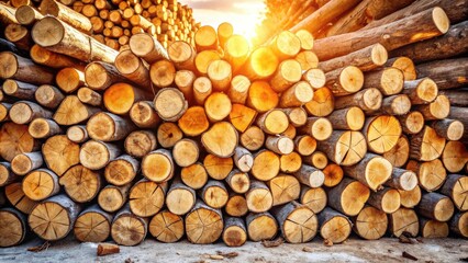 Golden Hour Lumber Stack A Warmly Lit Collection of Cut Logs Ready for Processing