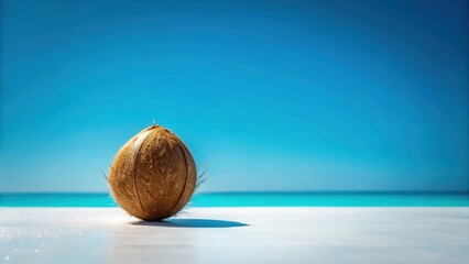 A Single Coconut Rests on a White Surface, Ocean View in Background