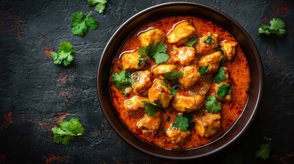 Bowl of creamy chicken curry garnished with fresh green cilantro on a dark textured surface evoking warmth and rich flavors