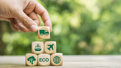 Eco-friendly supply chain management concept with wooden block icons