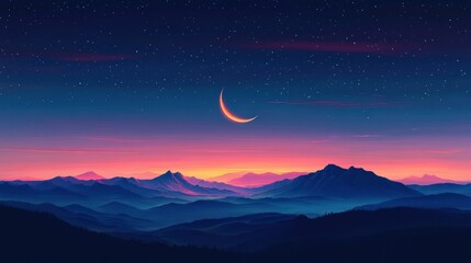 Serene mountainous landscape at twilight with a glowing crescent moon above softly layered blue and purple hills under a starry sky