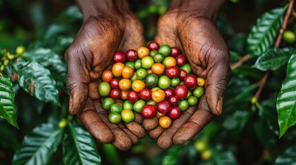 Hands holding multicolored coffee cherries surrounded by green coffee plant leaves, showing stages of ripeness