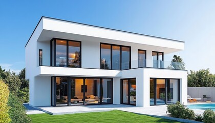 Modern two-story white house with large glass windows and sliding doors surrounded by green lawn and trees under clear blue sky