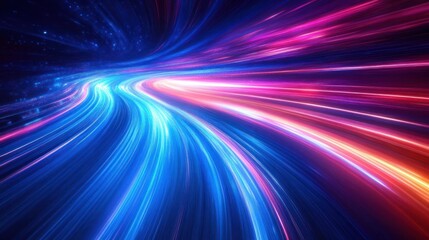 Dynamic swirling streams of colorful light trails creating a vibrant flow of blue, pink, and red hues evoking a sense of speed, motion, and futuristic energy