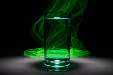 A glass of clear liquid surrounded by a mysterious green light trail, a concept for a magic potion or scientific discovery.