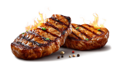 Grill Pork Chops, Beef steaks, realistic 3d brisket flying in the air, isolated on a white background