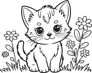 Adorable Cartoon Kitten Sitting Among Flowers Illustration