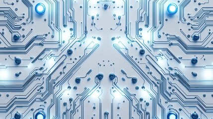 Close-up view of a futuristic circuit board with glowing blue lights and intricate electronic pathways conveying advanced technology and connectivity