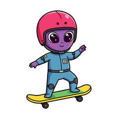 Naklejka premium Cute Alien Astronaut Skateboarding Cartoon.