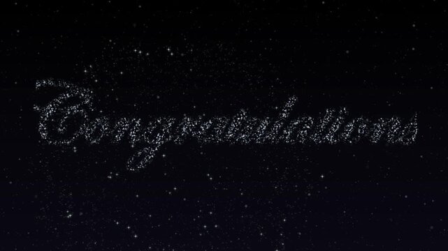 congratulation greeting text with particles and sparks on black night sky with colored slow motion fireworks on background, beautiful typography magic design