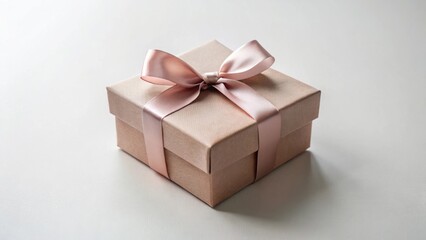 A delicately wrapped gift box, adorned with a blush-toned ribbon, sits elegantly on a neutral surface, ready for a special occasion.
