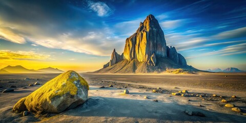 Golden Hour Illumination of a Majestic Peak and Desert Landscape Featuring a Mossy Boulder