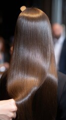 Back view of sleek, shiny brown hair, styled straight, against a blurry background of people in a dark room