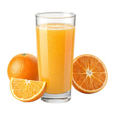 Vibrant Orange Juice: A refreshing glass of freshly squeezed orange juice, accompanied by whole and sliced oranges, inviting viewers with a burst of color and the promise of a healthy start.