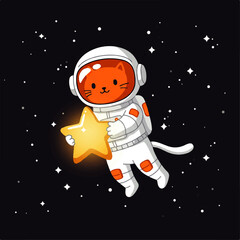 Cute Cat Astronaut Holding a Shining Star in Space.