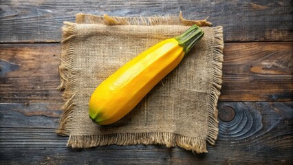 A single, vibrant yellow zucchini rests gently upon a rustic, burlap napkin, displayed against a backdrop of rich, dark wood grain. This image evokes a sense of simple, wholesome goodness.