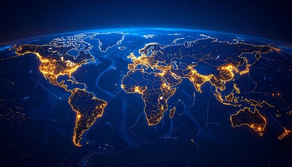 Night-lit global map showcasing interconnectedness via glowing lines