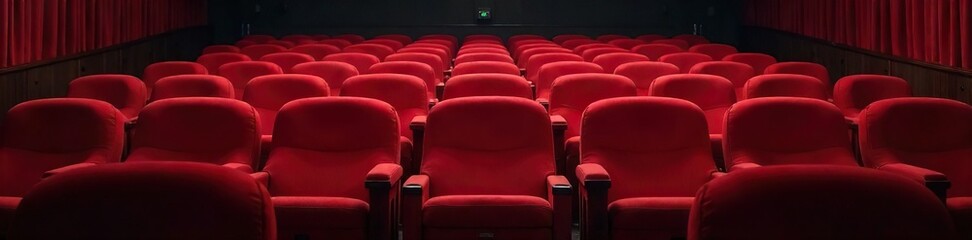 Obraz premium Empty Plush Red Velvet Theater Seats Await the Audience in a Dimly Lit Auditorium, Ready for a Performance. Classic theater seating perfect for staging, arts, and entertainment concepts.