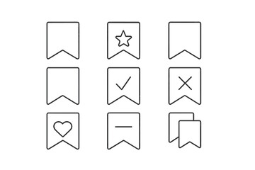 Minimalist Bookmark Line Icon Set for Web Design, App UI, Social Media, Banner, Card Layouts. Modern Linear Pictograms with Star, Heart, Check, Cross, Duplicate. Vector Graphic Resource Collection.