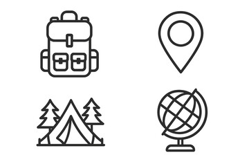Travel and camping outline icon collection with backpack, map pin, tent and globe. Vector line art for adventure, hiking, vacation, journey, exploration and tourism concepts.