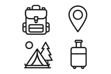Travel and adventure icon set. Camping, vacation, hiking concepts. Backpack, luggage, map pin, tent in nature. Minimalist outline vector symbols for infographics. Editable stroke.