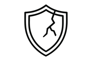 Cracked shield line icon. Concept of vulnerability, insecurity, data breach, or failed protection. Vector symbol for cyber attack, risk, and danger. Broken defense sign.