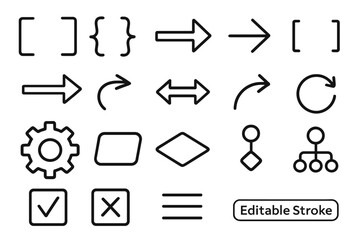 Thin line icon collection with editable stroke. Vector set of UI and UX symbols. Arrows, gear, brackets, flowchart, diagram, checkmark, cross, and menu icons for web and app.