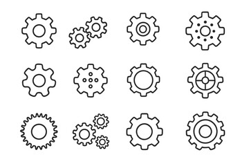 Gear and Cogwheel Line Icons Vector Set. Mechanical outline signs for graphic design, web, apps, technology, engineering, industry, business, advertising cards. Cartoon illustrations collection.