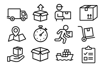 Delivery service line icon set. Shipping logistics collection. E-commerce, transport, courier, package, order fulfillment. Express delivery, cargo, truck, tracking vector icons.