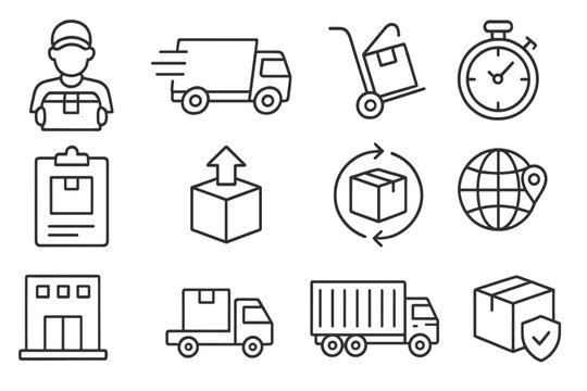 Delivery and logistics line icon set. Shipping service, transport, and e-commerce symbols. Courier, package tracking, freight cargo truck, and worldwide order fulfillment icons.