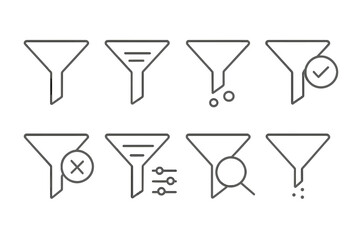 Filter and funnel thin line icon set. Vector collection for data sorting, web and app UI design. Symbols for search, settings, refining, and data processing concepts.