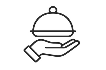Hand holding serving platter with cloche. Concept for food service, delivery, catering, restaurant, waiter, and hospitality. Vector line icon for apps, web, and user interface.