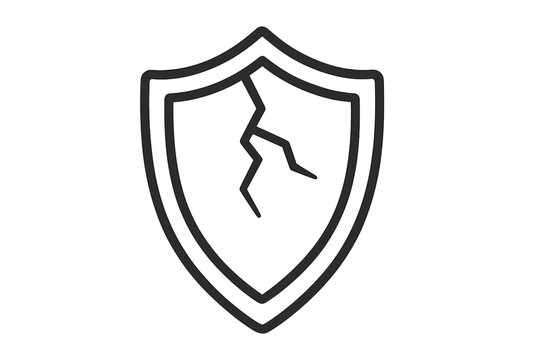 Cracked shield icon. Broken protection symbol. Vulnerability, data breach, insecurity concept. Vector line art illustration for web, app, ui, ux design. Defense failure.