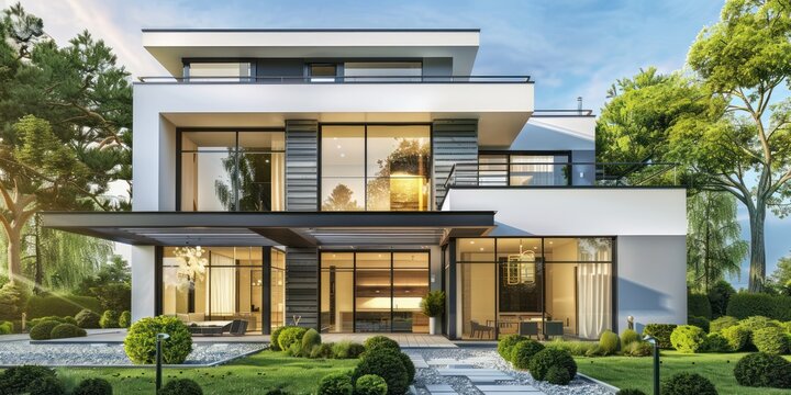 A modern, minimalist house with a glass facade and black accents, set against a backdrop of lush green trees and a clear blue sky.