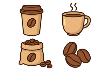 Coffee icon set vector cartoon illustration. Hot drink in a mug, paper cup to go, roasted beans in a sack. Isolated graphic elements for cafe menu, sticker, logo, caffeine concepts.