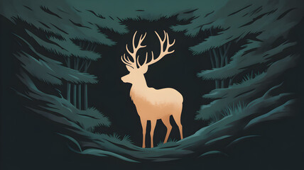A majestic deer stands in a dark forest, illuminated by a soft glow