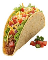 Taco Delight: A mouthwatering taco, overflowing with fresh ingredients like vibrant tomatoes, crisp lettuce, savory ground meat, shredded cheese, and a touch of jalapeño.