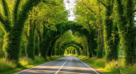 Lush Green Tunnel Road Lined with Trees and Overhanging Foliage