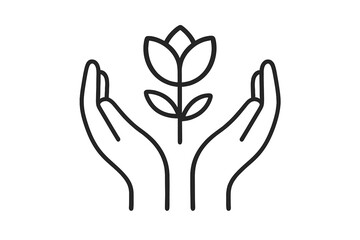 Hands holding a flower. Minimal line art icon. Concept of growth, care, nature, environment, and wellness. Vector logo for beauty, cosmetics, spa, donation, and therapy.