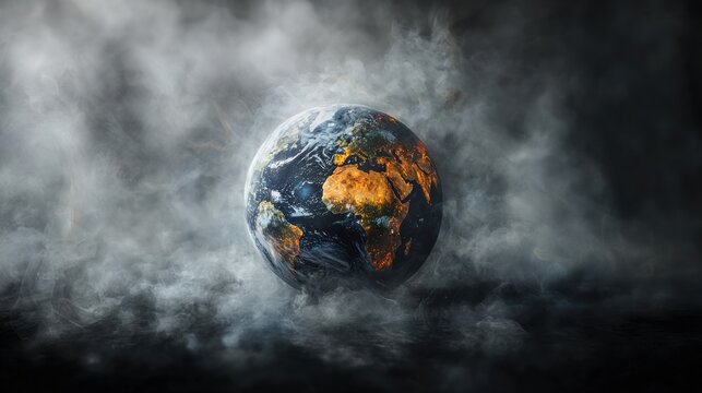 Earth planet surrounded by smoke clouds