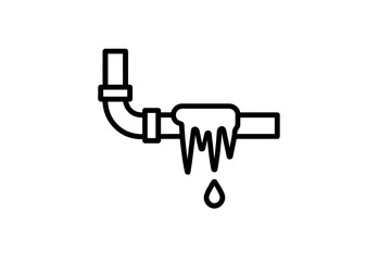 Frozen pipe icon. Burst water pipe with ice and dripping water. Plumbing problem concept. Winter damage, emergency repair symbol. Minimalist line art vector illustration.