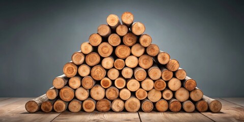 A precisely stacked arrangement of numerous wooden logs forms a triangular pile, resting on a rustic wooden surface against a muted gray backdrop.