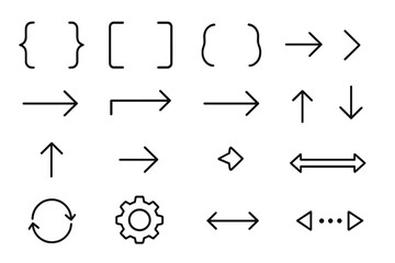 Arrow and bracket line icon set. Minimal outline symbols like gear, refresh, loading for navigation, UI, UX. Vector collection for web design & infographics. Editable stroke.