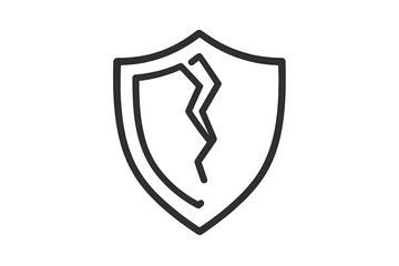 Broken shield icon concept of vulnerability and insecurity. Vector illustration of a cracked defense symbol. Metaphor for data breach, risk, failure, or unprotected system.