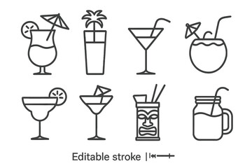 Cocktail and tropical drink thin line icon set. Editable stroke vector icons for bar menu, summer party, vacation. Includes margarita, tiki mug, coconut, and other drinks.