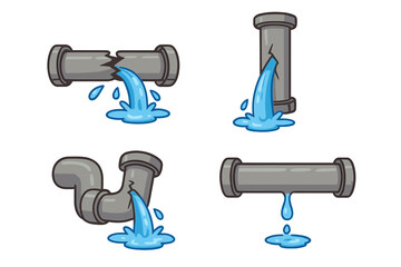 Set of broken pipes leaking water vector cartoon illustrations. Plumbing problems, burst pipe emergency, water damage and repair concept. Isolated collection for graphic design.