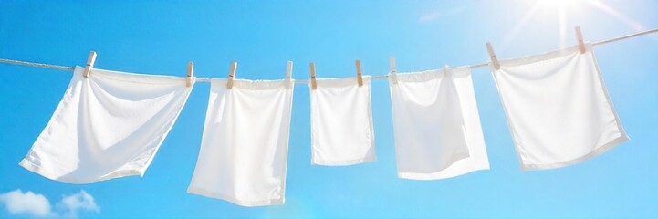 Crisp white laundry hanging on a clothesline, gently swaying in a brilliant blue sky Sunlight illuminates the fresh, clean cotton Perfect for spring, summer, or cleaning themes , clean, clothes